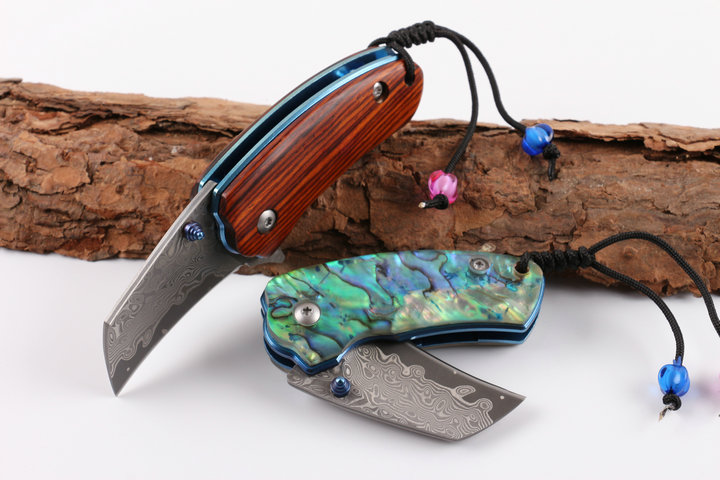 Damascus Little brother wood and abalone handle material folding pcoket knife UD404942